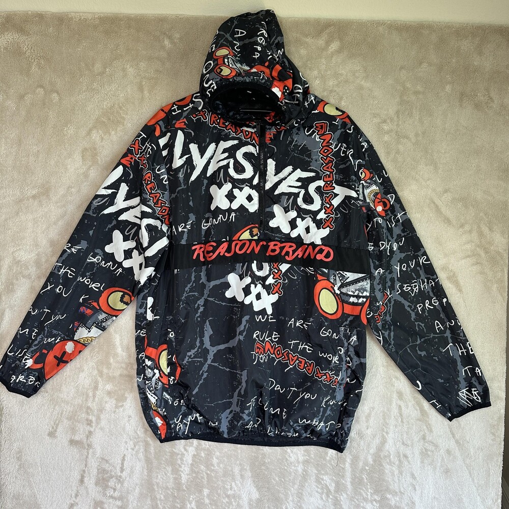 Reason Jacket Mens Large Black Graphic Hooded Windbreaker Pullover Anorak